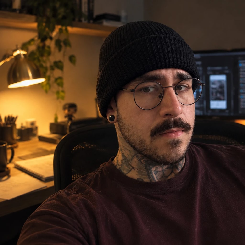 Portrait of Thiago Leite at his desk, wearing a black beanie, round glasses and a burgundy t-shirt, with a desk lamp and two monitors behind him.