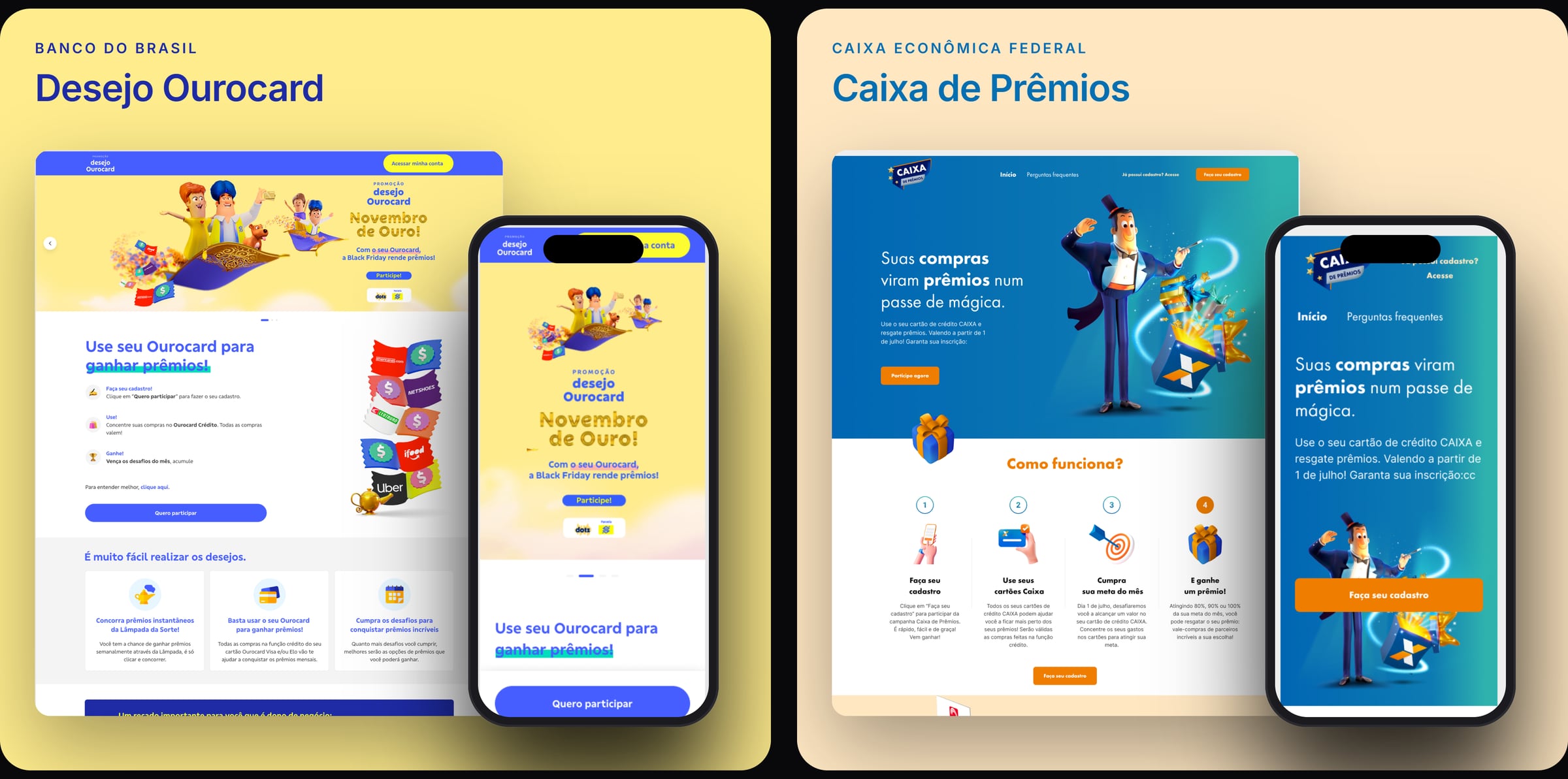 Two panels side by side. On a cream panel, the Desejo Ourocard landing page on desktop and phone, yellow with a genie on a magic carpet. On a peach panel, the Caixa de Prêmios landing page on desktop and phone, blue with a magician.