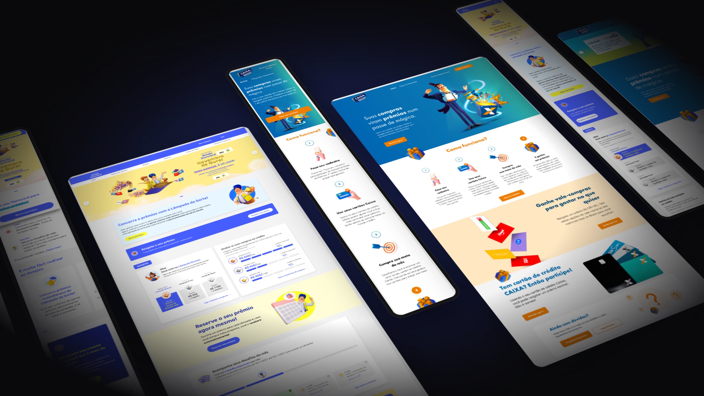 The Caixa de Prêmios and Desejo Ourocard landing pages side by side, under the title "A rewards game people kept coming back to".