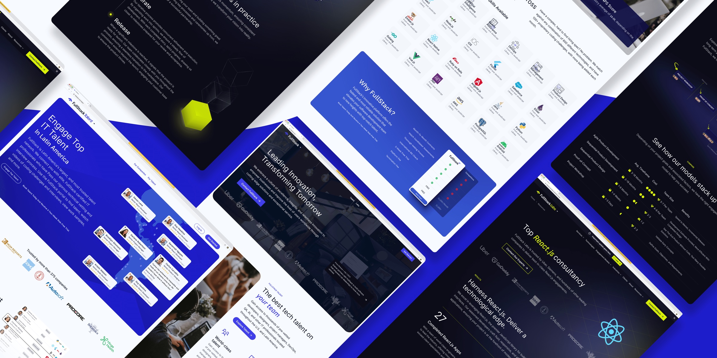Mosaic of FullStack Labs website pages in perspective on a blue background: home, services, case studies and talent sections.