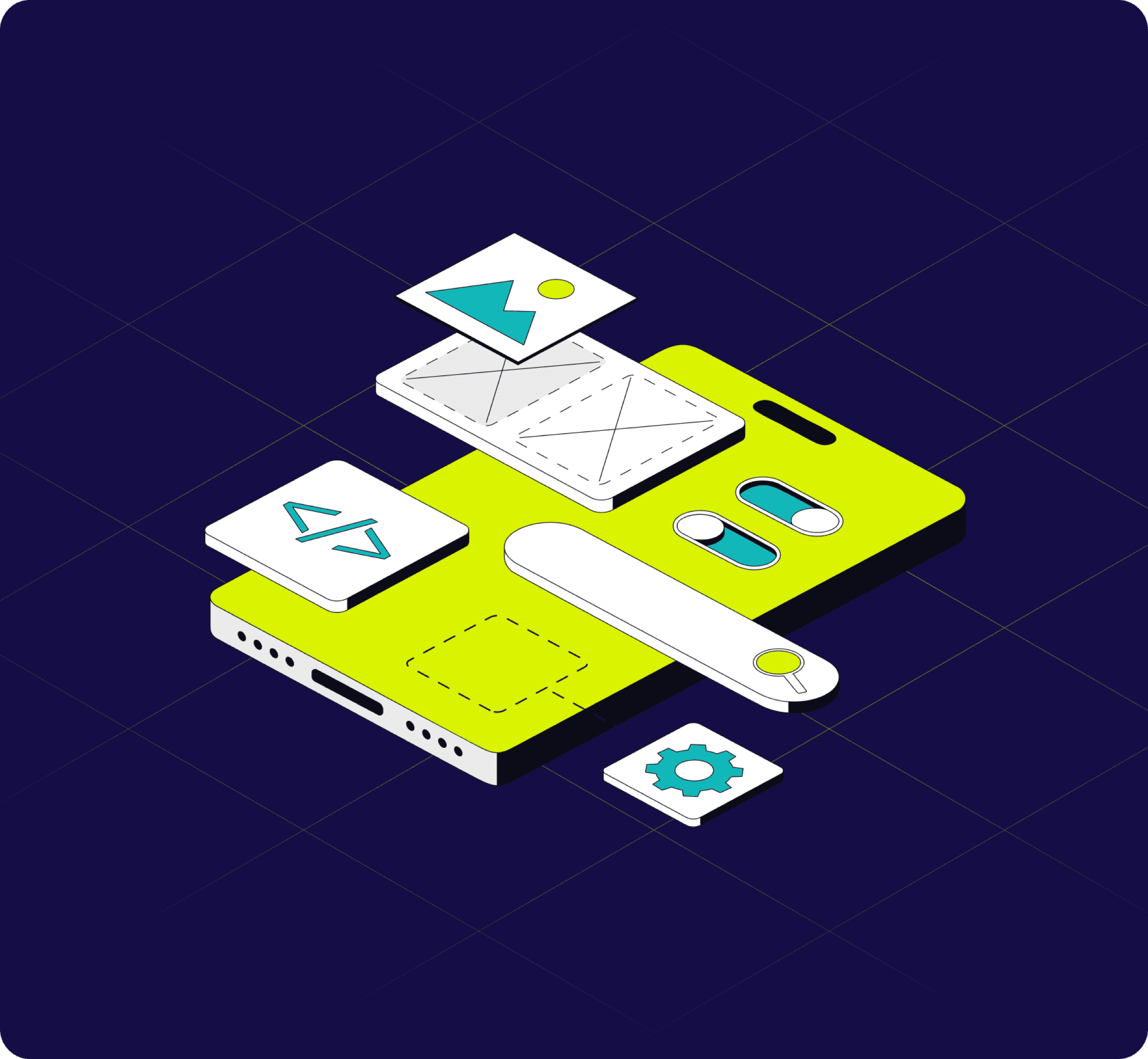 Isometric illustration on deep blue: a lime device surrounded by floating interface pieces, an image card, a wireframe, code brackets, toggles and a gear.