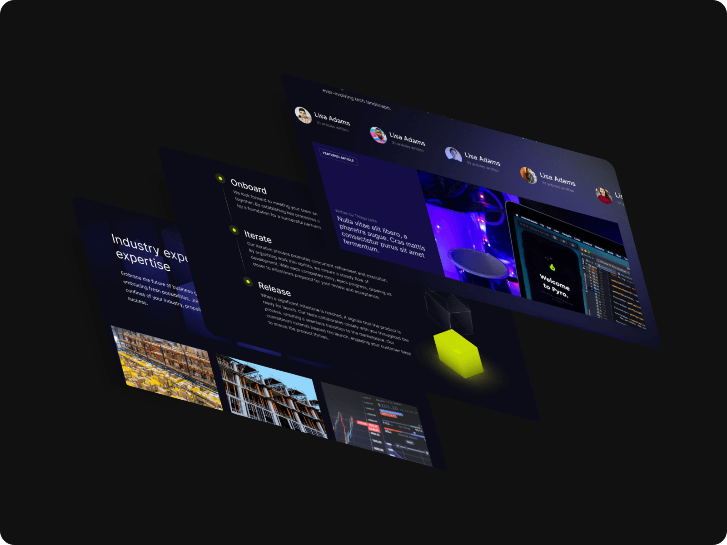 Dark FullStack website sections floating in perspective: an industry expertise block, the Onboard, Iterate and Release process, a team list and a glowing lime cube.