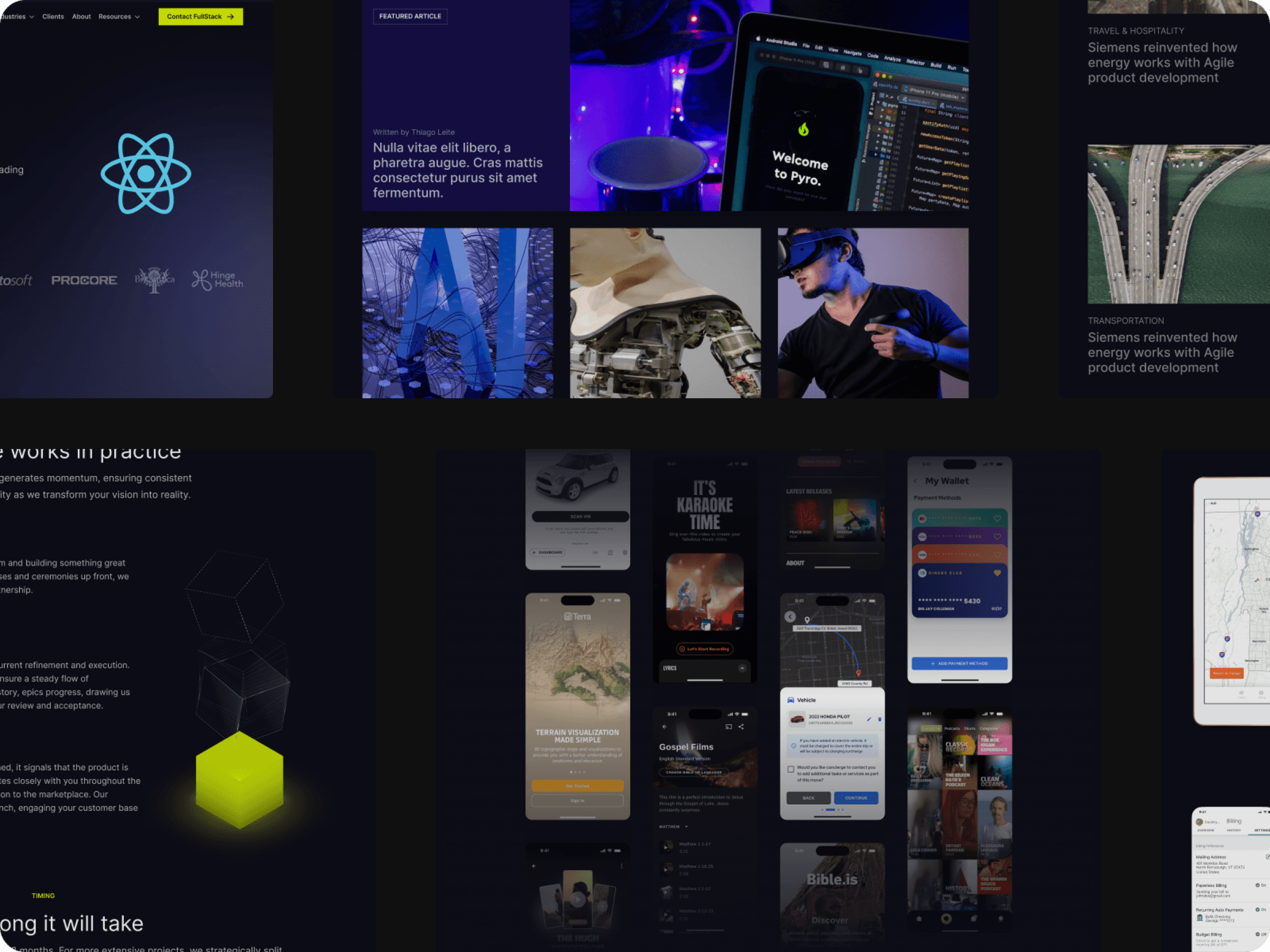 Collage of dark FullStack pages: a React hero with client logos, featured articles, project photos, a lime cube and a grid of mobile app screens.