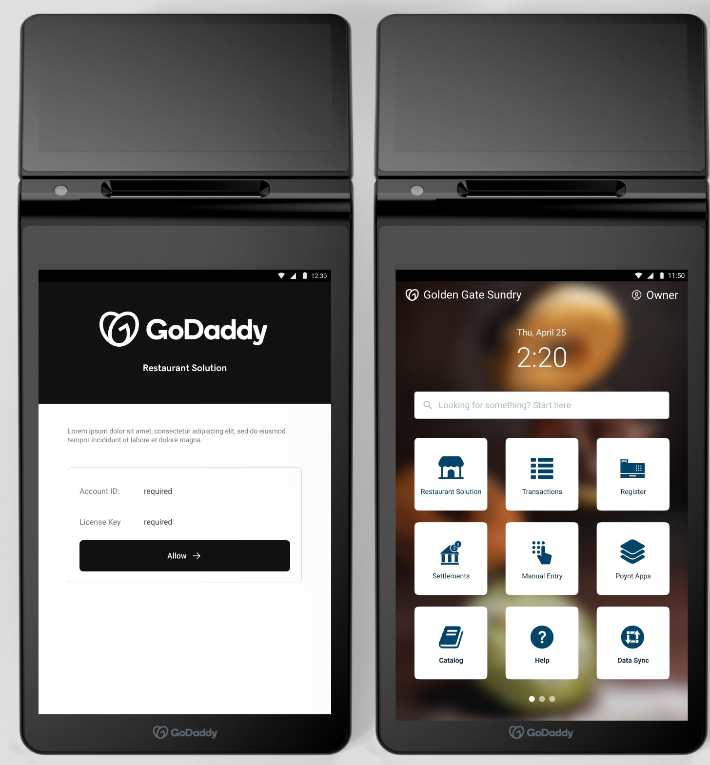Two Poynt terminals side by side with GoDaddy screens: a sign-in screen with the GoDaddy logo and a home screen with app tiles over a restaurant photo.