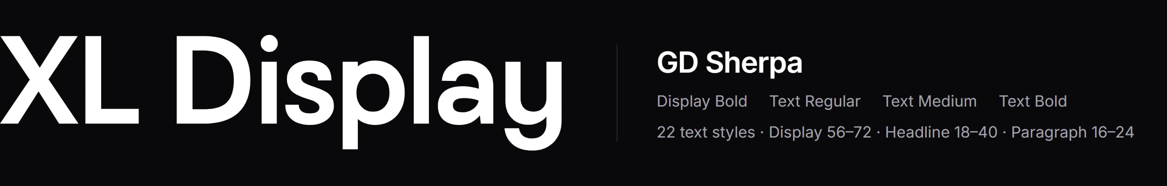 Type specimen of GD Sherpa, GoDaddy's typeface: the words XL Display in Display Bold beside its styles, Display Bold, Text Regular, Text Medium and Text Bold.