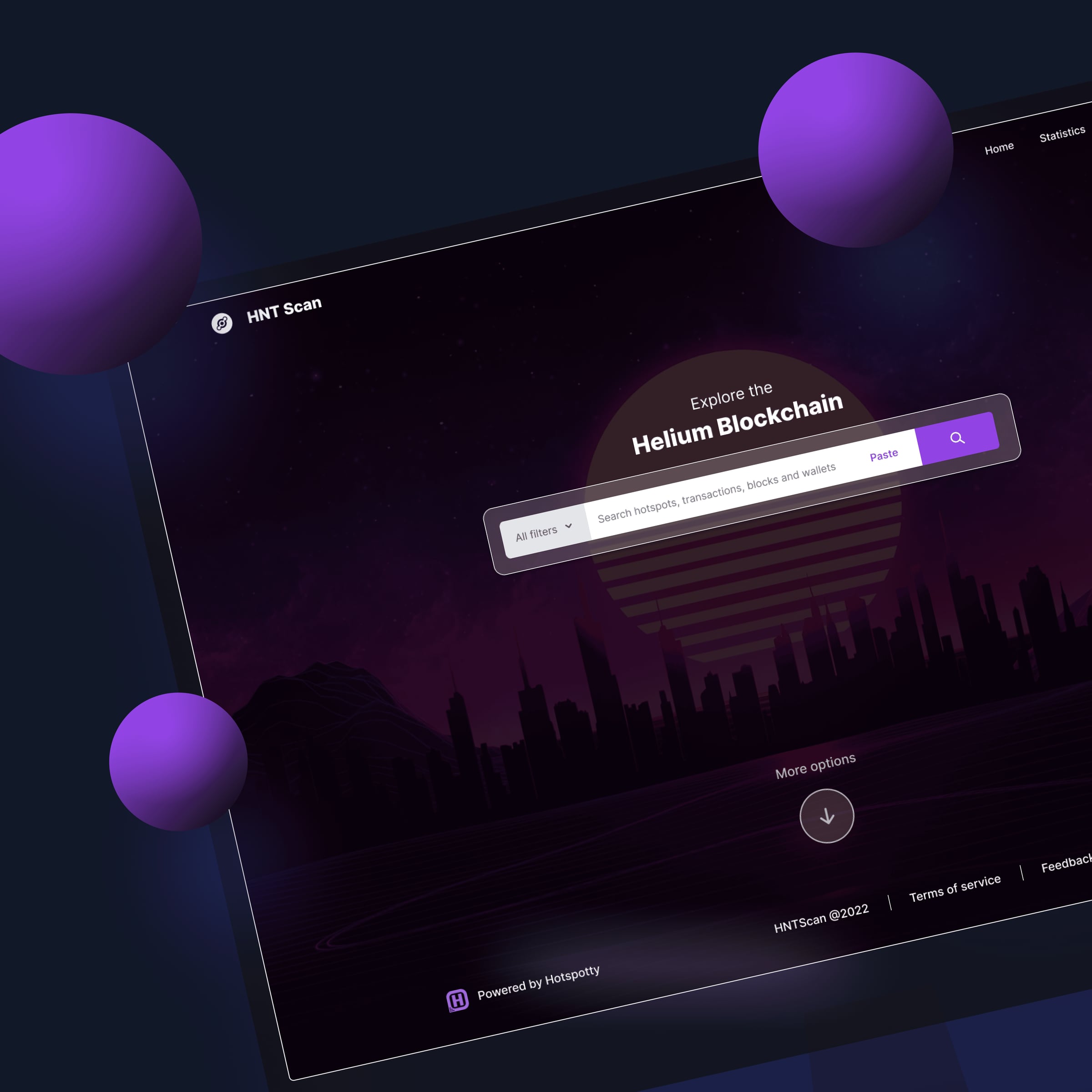 HNTScan explorer page on a dark purple background with a search field over a horizon, framed by floating purple spheres.
