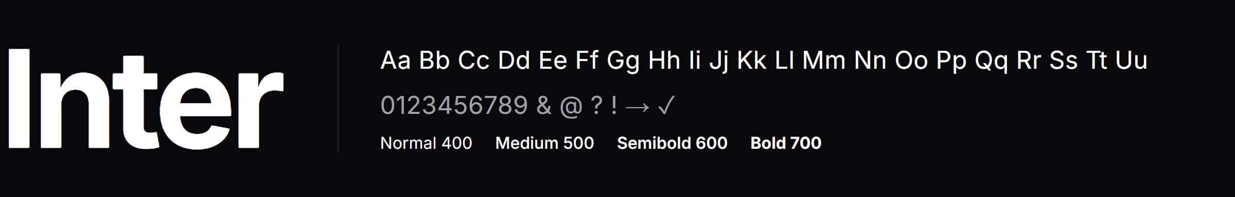 Type specimen of Inter: the word Inter in Extra Bold, the alphabet, numerals and the weights Normal, Medium, Semibold and Bold.
