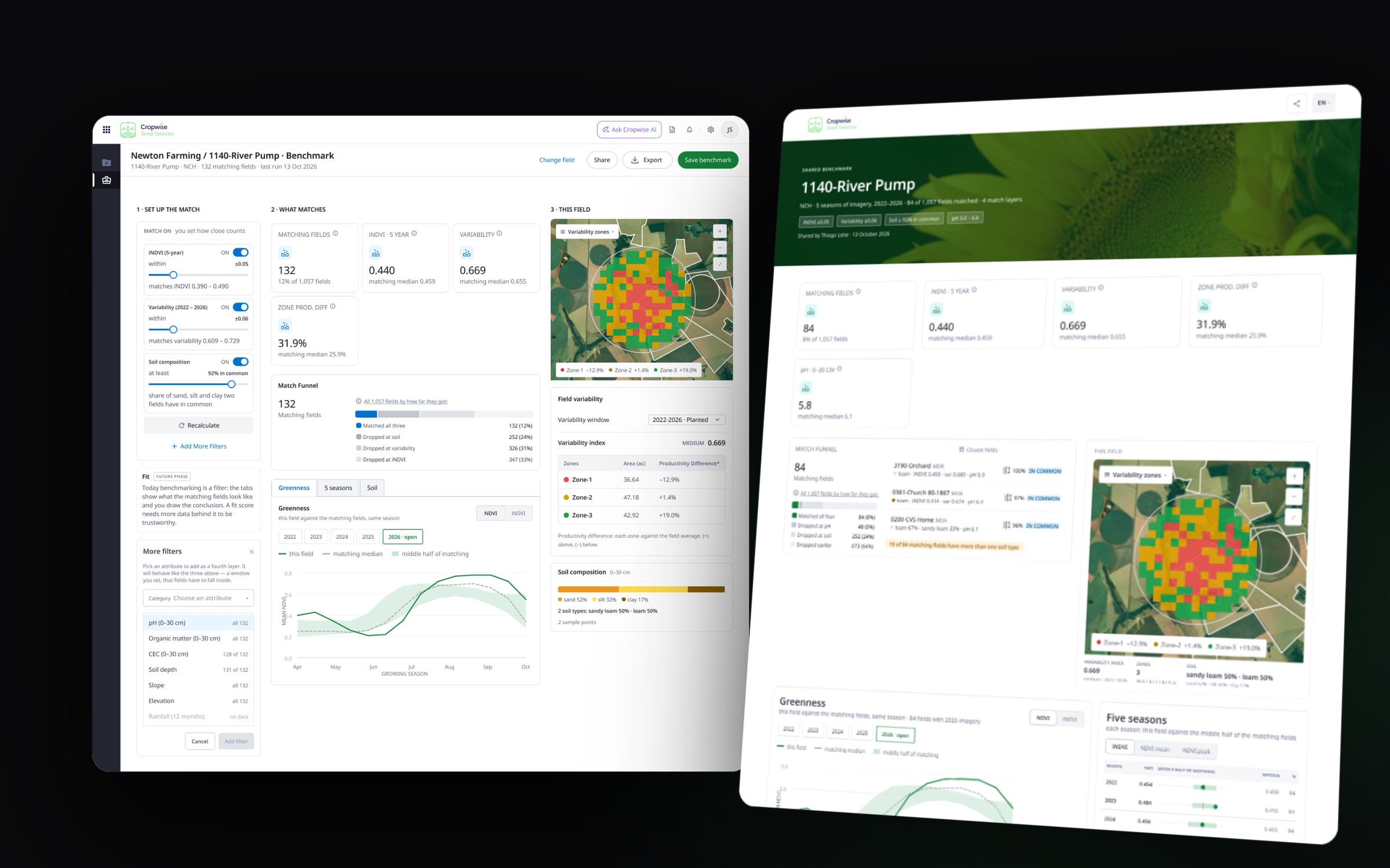 Field benchmark screen with match filters and a variability zone map, beside the shared benchmark page a grower receives.