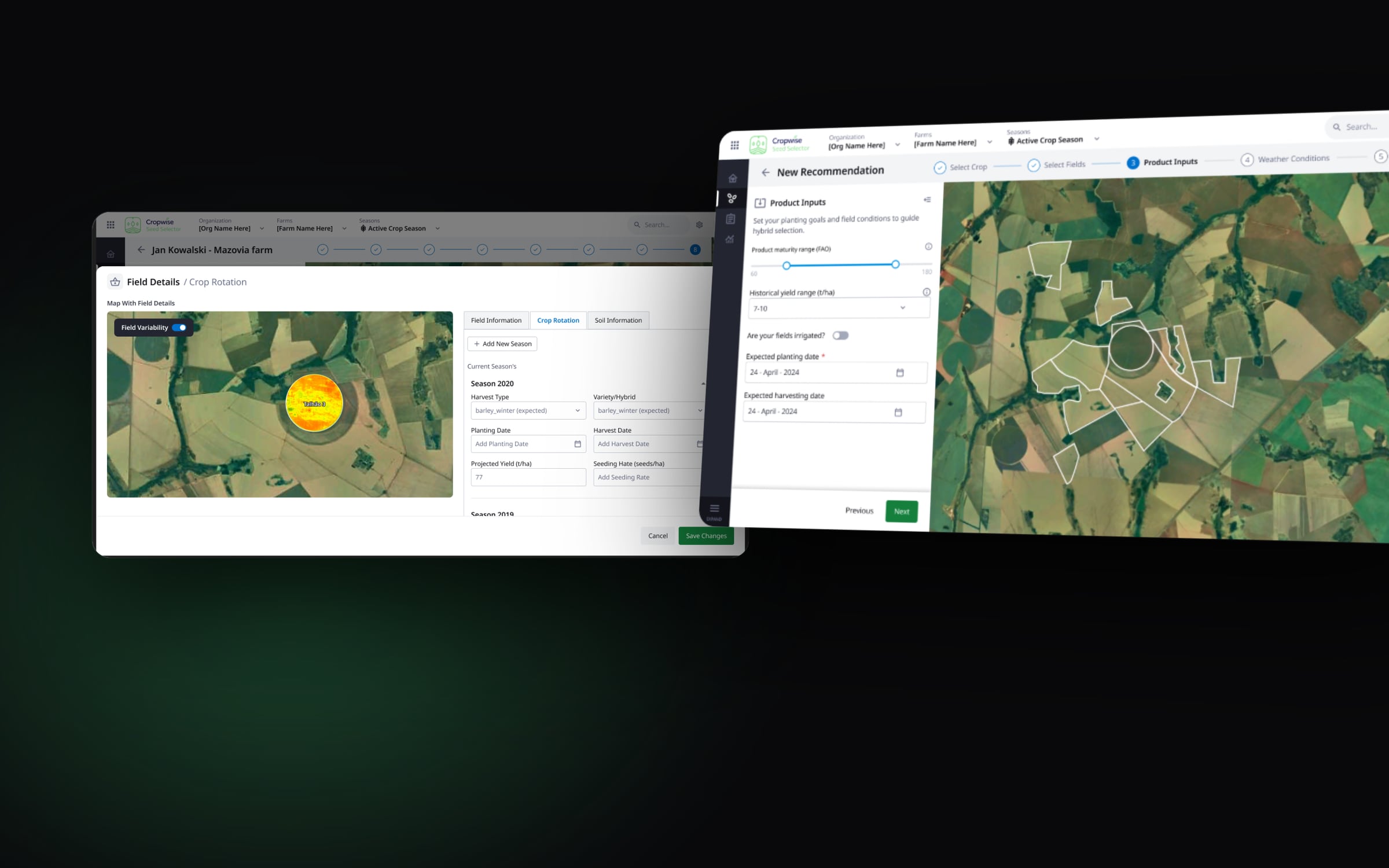 Field details dialog with a variability heat map and crop rotation by season, next to the product inputs step with maturity range, yield range and planting dates.