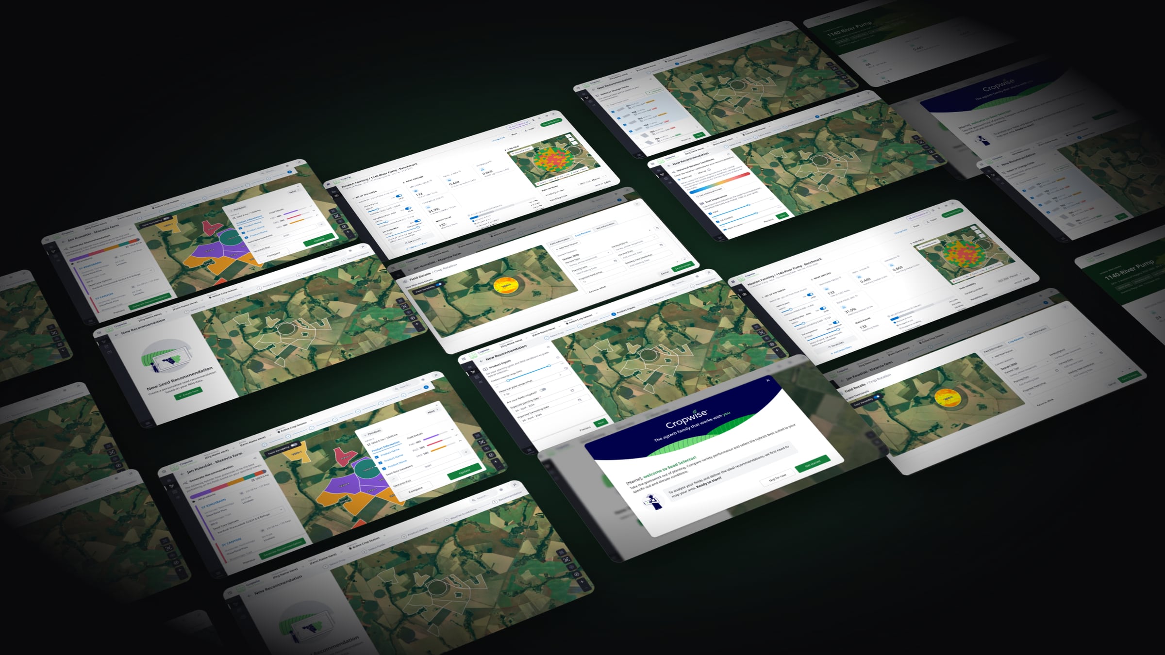 Seed Selector's Generate Recommendation screen in perspective: a farm map with fields coloured by recommended hybrid, next to the product list and seed rate controls.