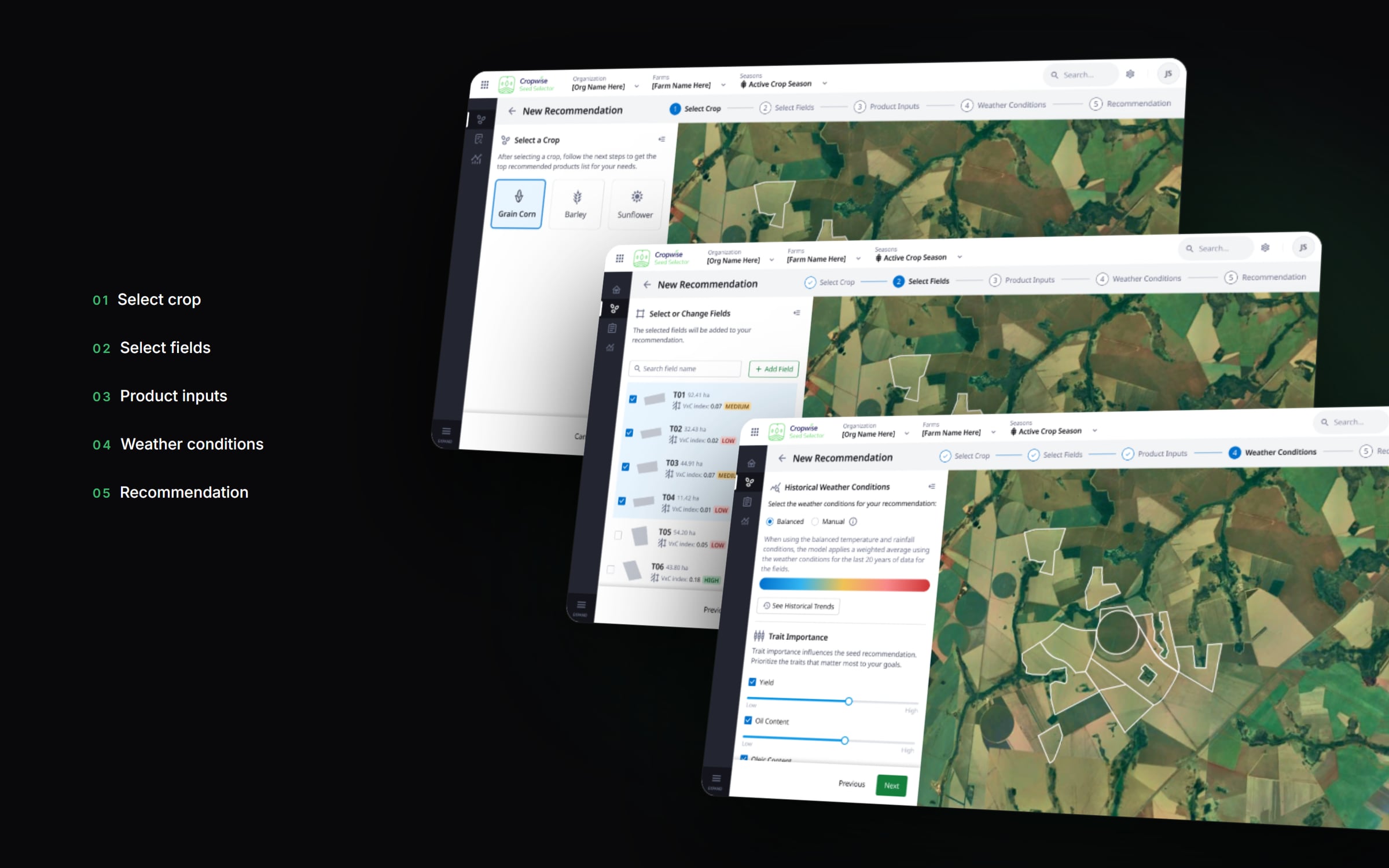 Three screens of the recommendation wizard stacked in perspective: select a crop, select fields on a satellite map, and historical weather conditions with trait importance sliders.