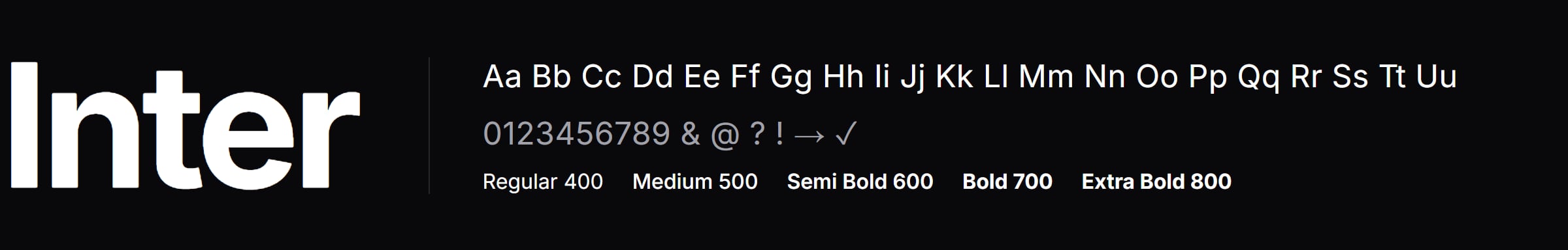 Type specimen of Inter: the word Inter in Extra Bold, the alphabet, numerals and the weights Regular 400, Medium 500, Semi Bold 600, Bold 700 and Extra Bold 800.
