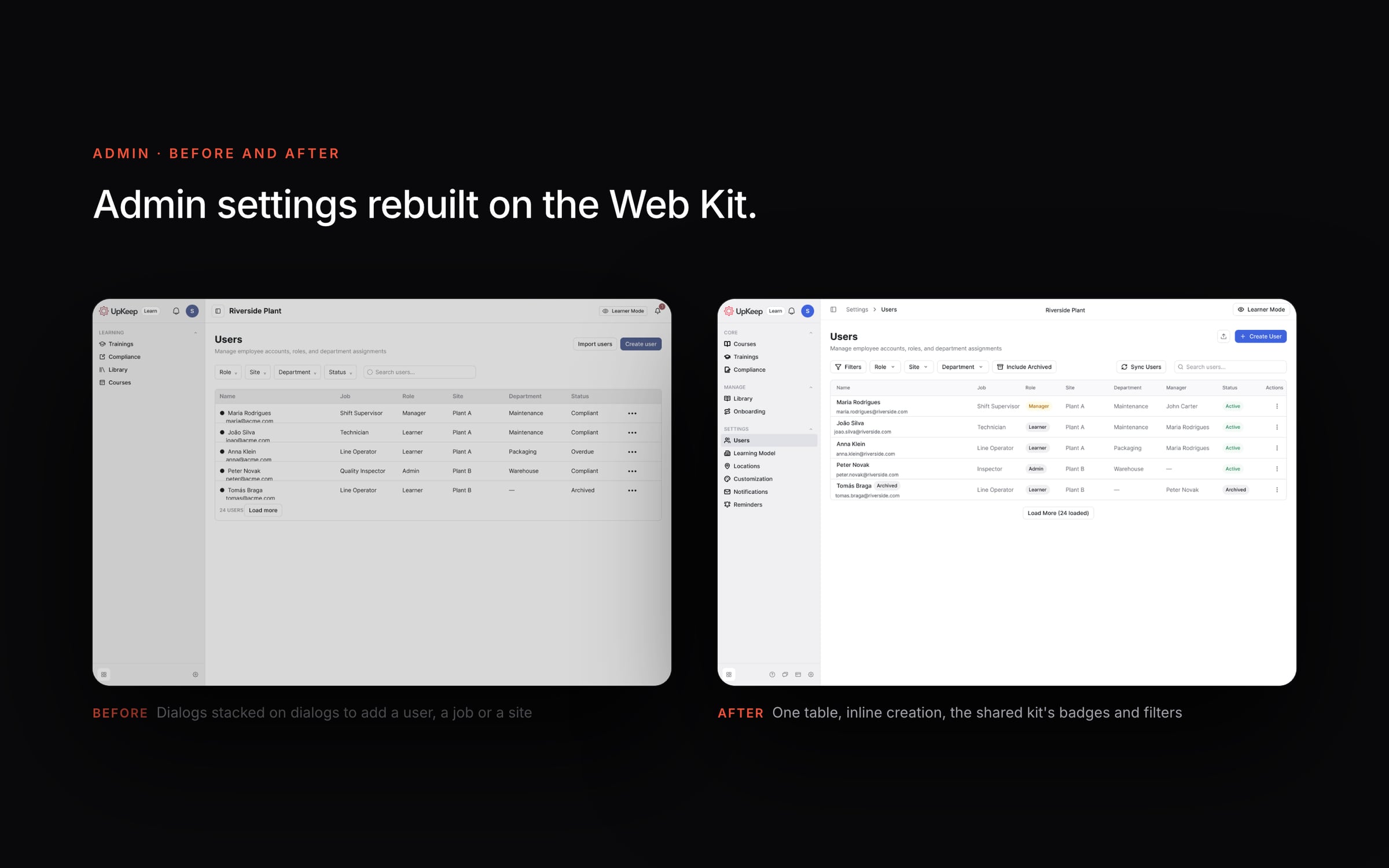 Admin users screen before and after: stacked dialogs before, one table with inline creation after.