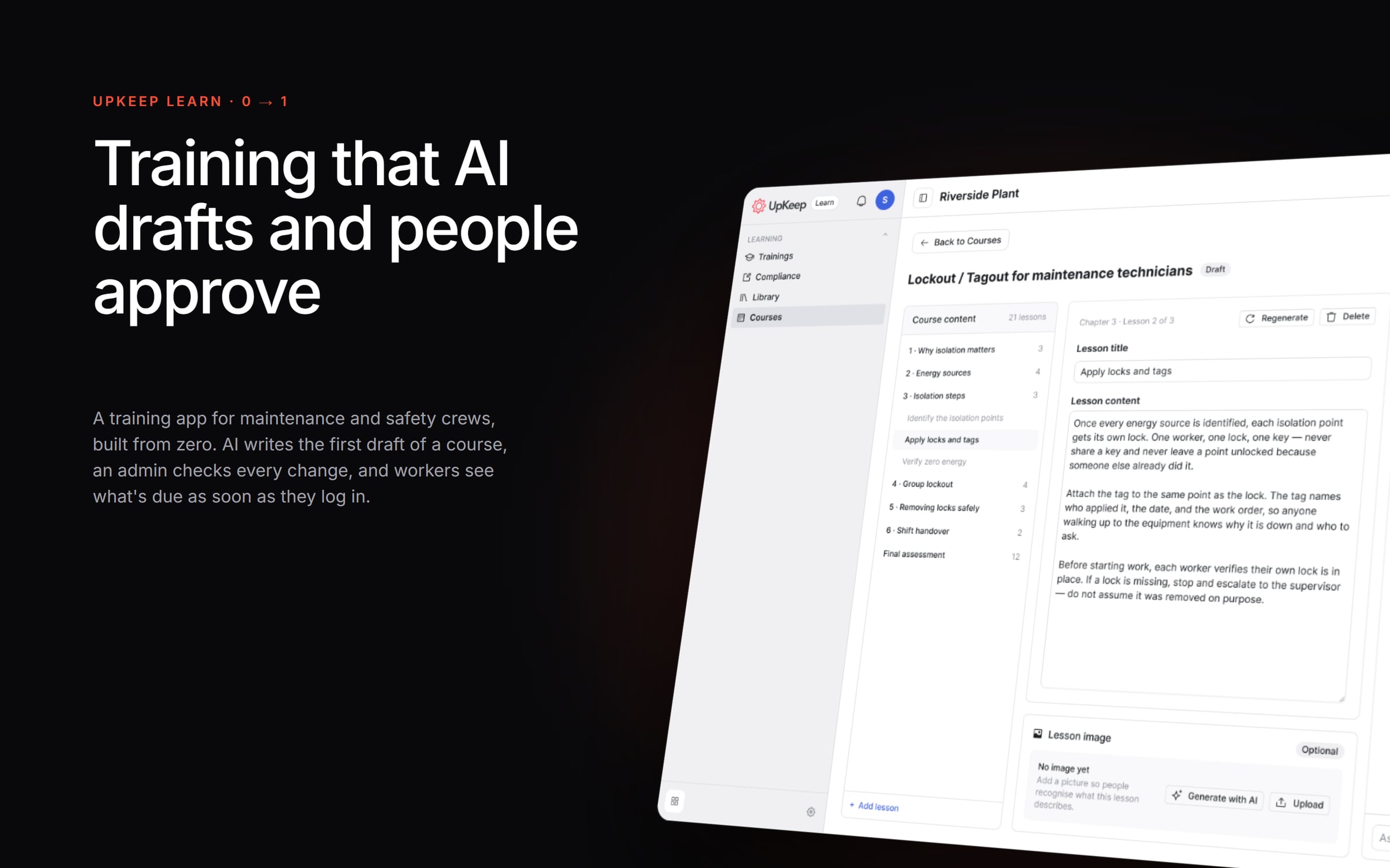Learn's admin and learner screens, under the title "Training that AI drafts and people approve".