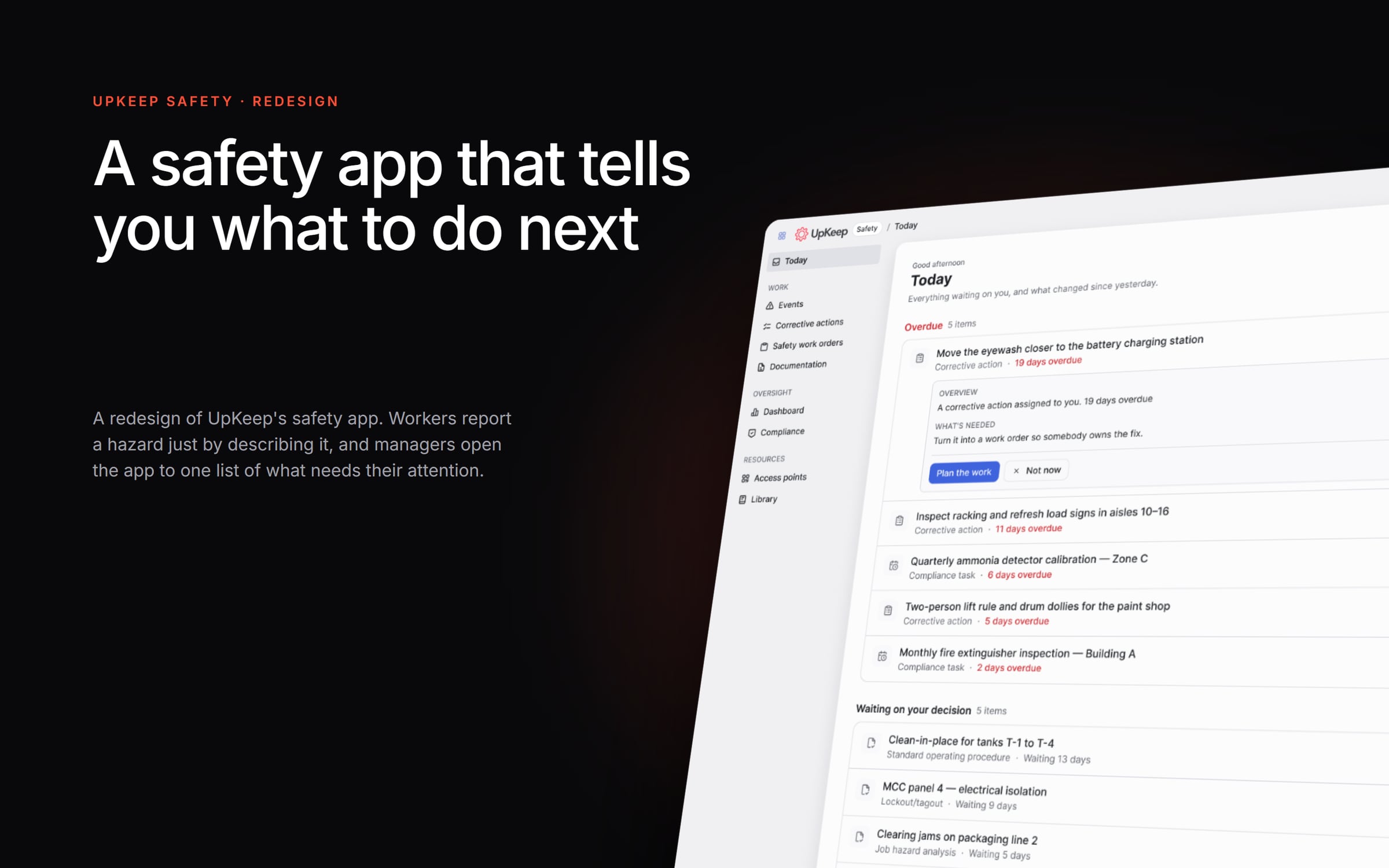 The redesigned Today screen, showing overdue corrective actions and items waiting on a decision, under the title "A safety app that tells you what to do next".