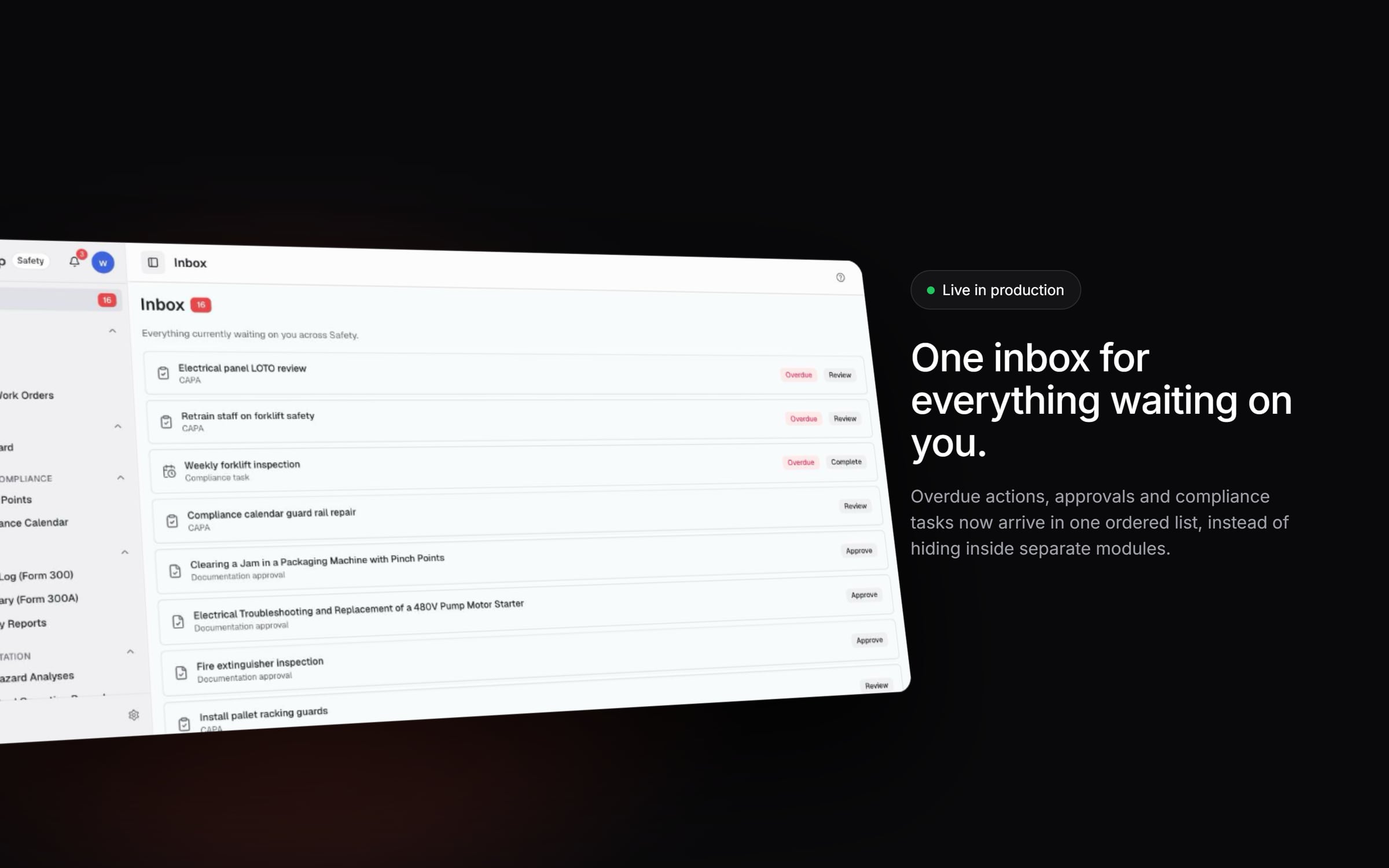 The action inbox with the new sidebar, one of the first two releases.