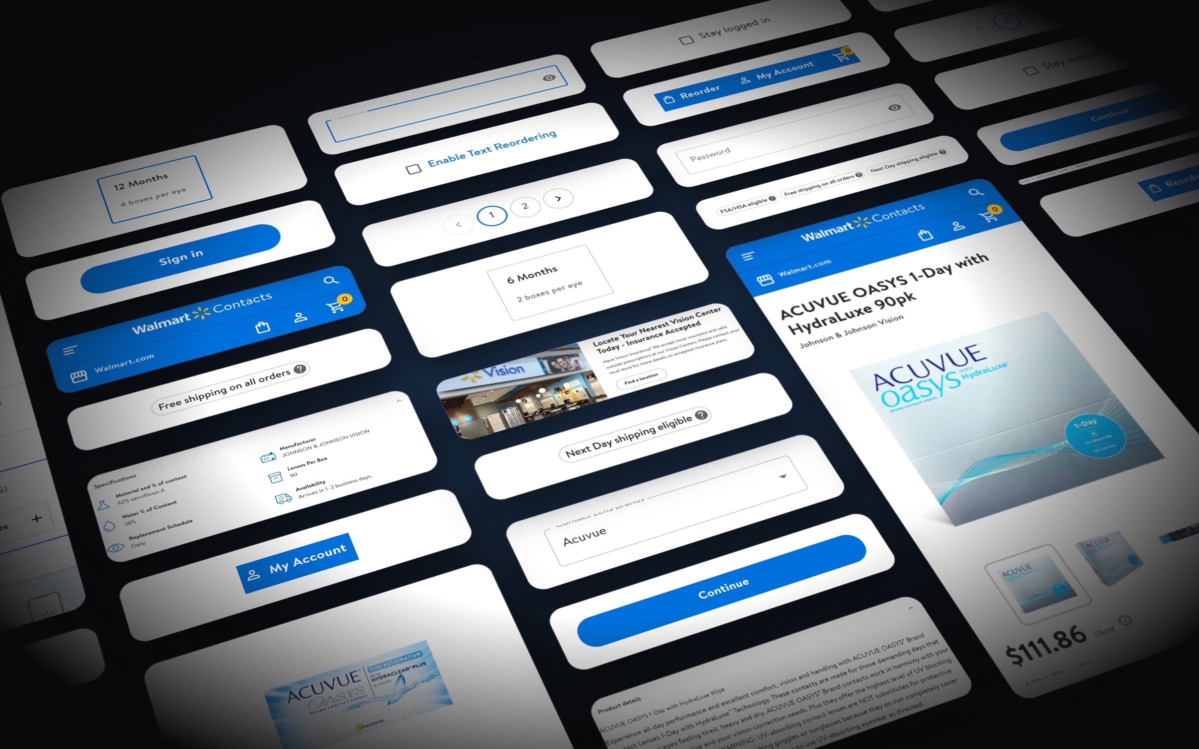 Wall of about 30 Walmart Contacts components on white cards in 3D: Reorder, My Account and Sign in buttons, 12 and 6 month supply options, the Enable Text Reordering checkbox, email and password fields, shipping chips, pagination, the mobile header, a product card and the purchase panel.