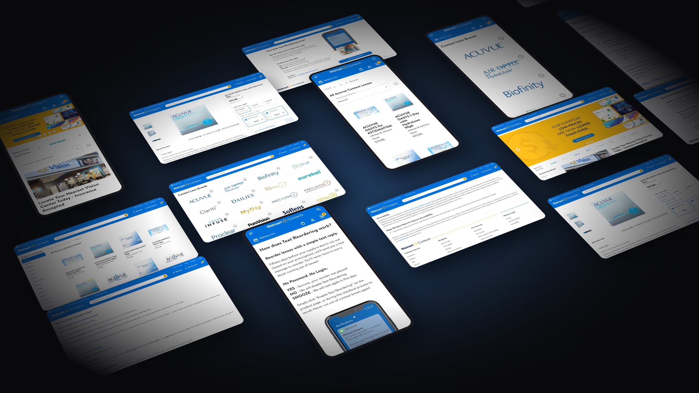 Walmart Contacts home page in perspective, with the yellow 'everyday low prices' banner, next to the same page on a phone.