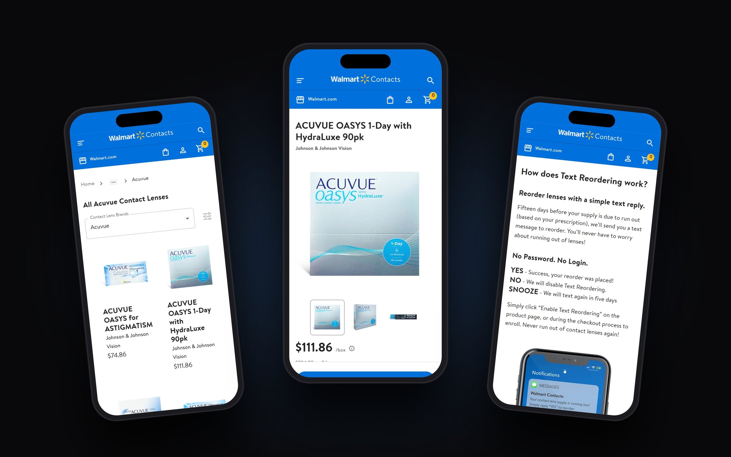 Three phones showing the mobile Acuvue catalog, the product page with a Continue button, and the Text Reordering explanation page.