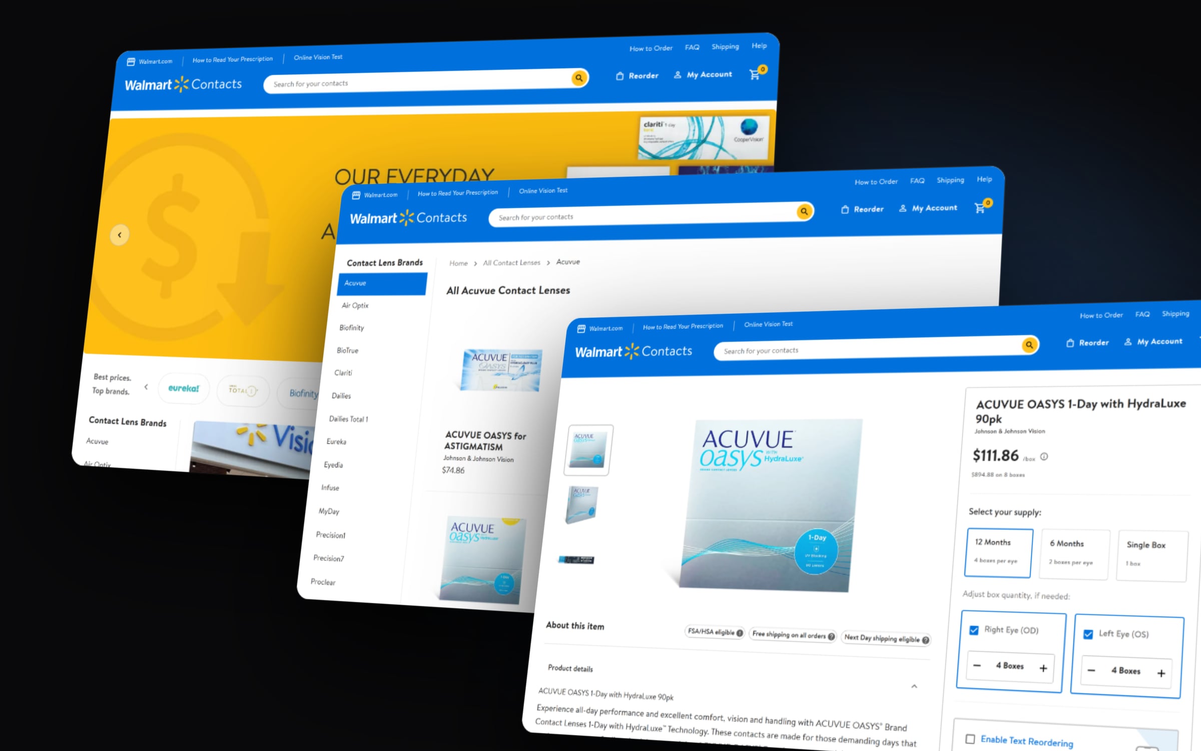 Three desktop pages in perspective: the Walmart Contacts home, the Acuvue brand catalog with filters, and the product page with supply options and quantities for the right and left eye.